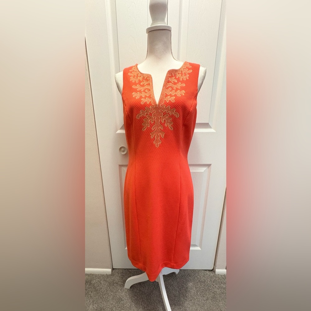 Coral Strapless Embroidered V-Front Dress